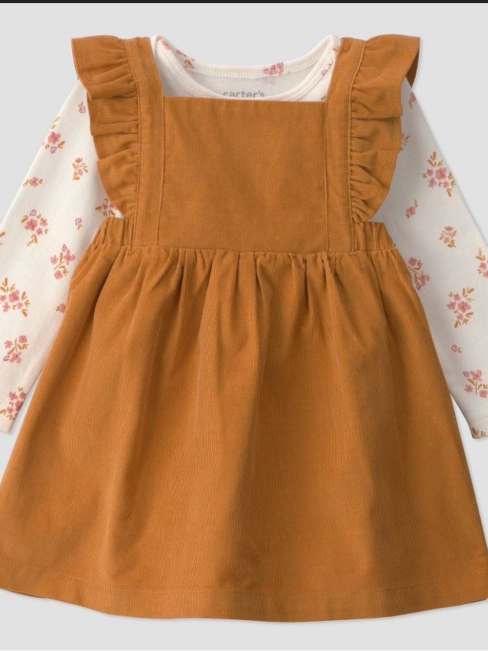 Carter's Tan Ruffle Strap Corduroy Pinafore with Floral Onesie